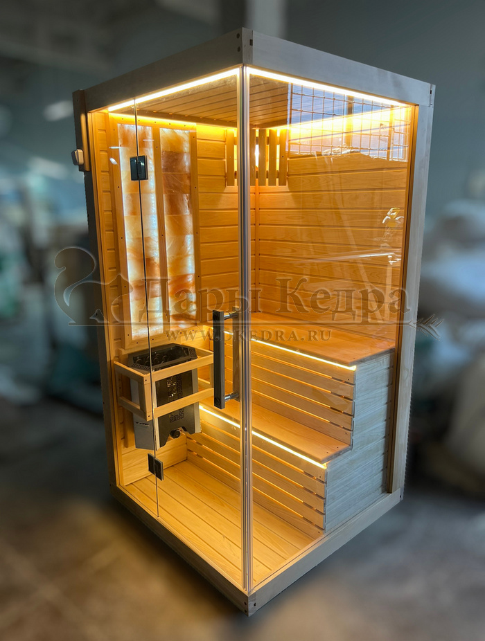 Одноместная прямая финская «Элит» сауна кабина из кедра и липы с электрокаменкой